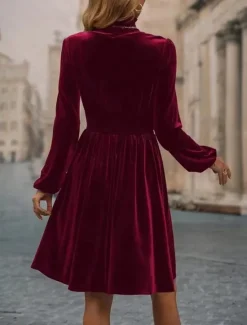 Sale Women's Velvet Dress Mini Dress Ruched Casual Turtleneck Long Sleeve Black Wine Green Color Women Cocktail Dress