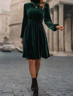 Sale Women's Velvet Dress Mini Dress Ruched Casual Turtleneck Long Sleeve Black Wine Green Color Women Cocktail Dress