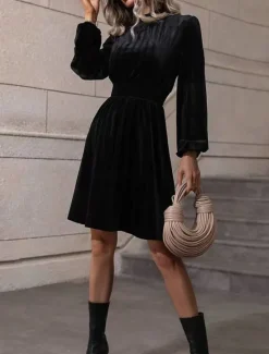 Sale Women's Velvet Dress Mini Dress Ruched Casual Turtleneck Long Sleeve Black Wine Green Color Women Cocktail Dress