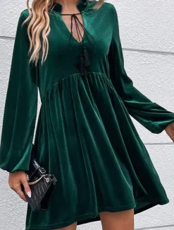 New Women's Velvet Dress Mini Dress Ruched Casual V Neck Long Sleeve Color Women Work Dresses