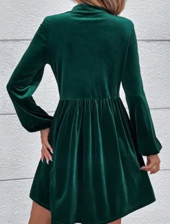 New Women's Velvet Dress Mini Dress Ruched Casual V Neck Long Sleeve Color Women Work Dresses