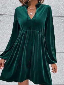 New Women's Velvet Dress Mini Dress Ruched Casual V Neck Long Sleeve Color Women Work Dresses