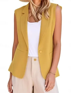 Discount Women's Vest Blazer Comfortable Breathable Pocket Modern Casual Plain Office Street Casual Daily Wear Single Breasted Regular V Neck Regular Fit Sleeveless Outerwear Black White Yellow Summer Spring Women Vest|Blazers & Suits