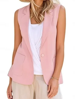 Discount Women's Vest Blazer Comfortable Breathable Pocket Modern Casual Plain Office Street Casual Daily Wear Single Breasted Regular V Neck Regular Fit Sleeveless Outerwear Black White Yellow Summer Spring Women Vest|Blazers & Suits