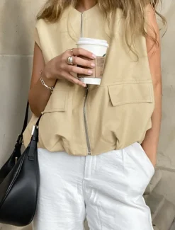 Online Women's Vest Comfortable Breathable Zipper Pocket Casual Plain Vacation Street Casual Daily Wear Zipper Short V Neck Regular Fit Sleeveless Outerwear Summer Spring Women Vest