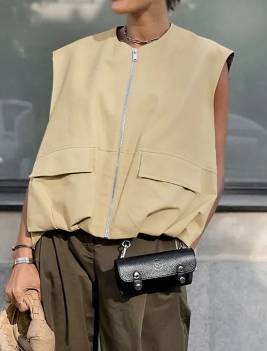 Online Women's Vest Comfortable Breathable Zipper Pocket Casual Plain Vacation Street Casual Daily Wear Zipper Short V Neck Regular Fit Sleeveless Outerwear Summer Spring Women Vest