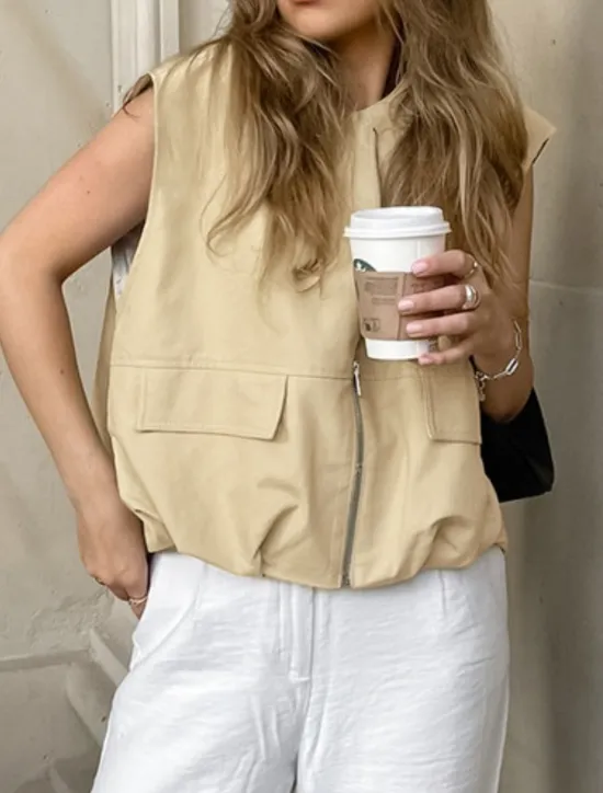 Online Women's Vest Comfortable Breathable Zipper Pocket Casual Plain Vacation Street Casual Daily Wear Zipper Short V Neck Regular Fit Sleeveless Outerwear Summer Spring Women Vest