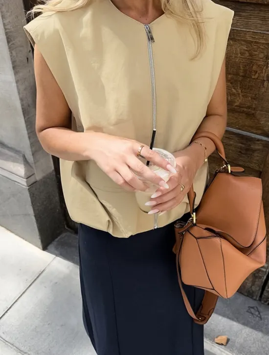 Online Women's Vest Comfortable Breathable Zipper Pocket Casual Plain Vacation Street Casual Daily Wear Zipper Short V Neck Regular Fit Sleeveless Outerwear Summer Spring Women Vest