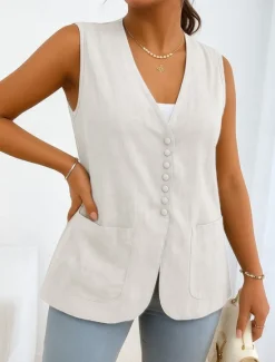 Outlet Women's Vest Comfortable Breathable Pocket Buttons Casual Plain Vacation Street Casual Daily Wear Single Breasted Short V Neck Regular Fit Sleeveless Outerwear White Khaki Beige Summer Spring Women Vest