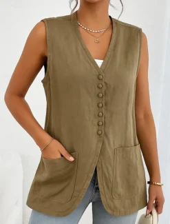 Outlet Women's Vest Comfortable Breathable Pocket Buttons Casual Plain Vacation Street Casual Daily Wear Single Breasted Short V Neck Regular Fit Sleeveless Outerwear White Khaki Beige Summer Spring Women Vest