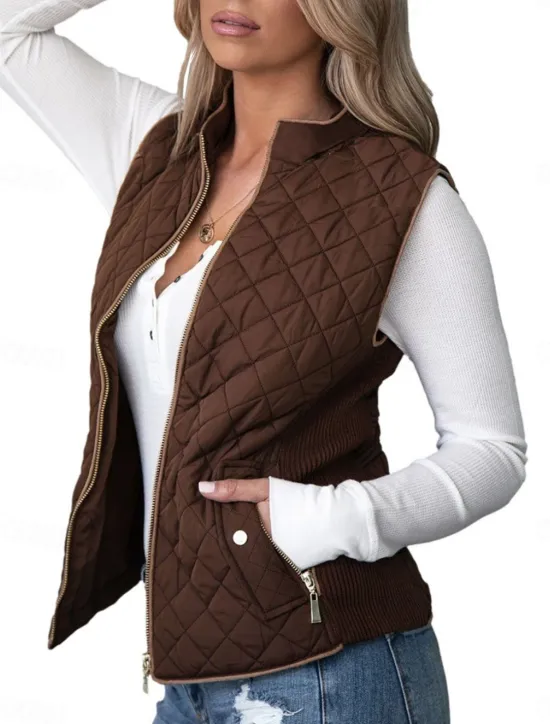 Online Women's Vest Comfortable Breathable Zipper Pocket Casual Plain Vacation Street Casual Daily Wear Zipper Regular Stand Collar Regular Fit Sleeveless Outerwear Pink Blue Brown Spring Fall Women Vest