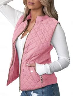 Online Women's Vest Comfortable Breathable Zipper Pocket Casual Plain Vacation Street Casual Daily Wear Zipper Regular Stand Collar Regular Fit Sleeveless Outerwear Pink Blue Brown Spring Fall Women Vest
