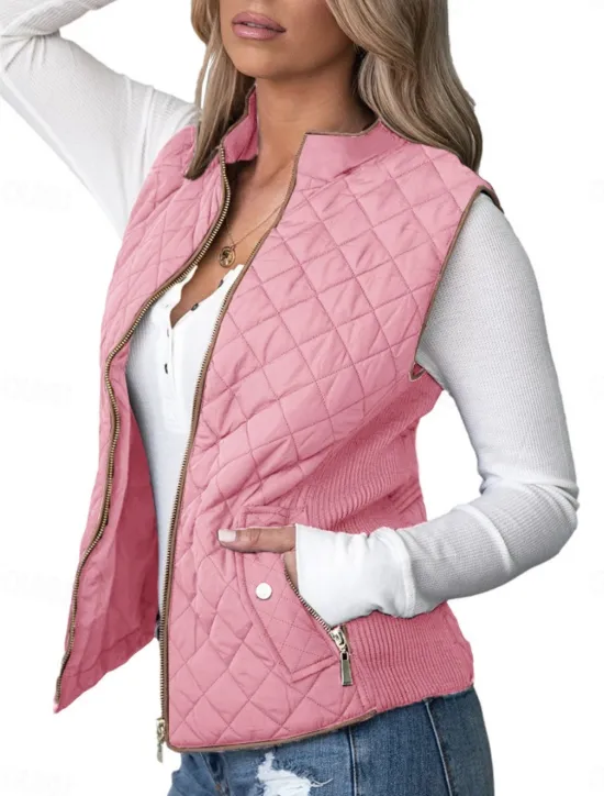 Online Women's Vest Comfortable Breathable Zipper Pocket Casual Plain Vacation Street Casual Daily Wear Zipper Regular Stand Collar Regular Fit Sleeveless Outerwear Pink Blue Brown Spring Fall Women Vest