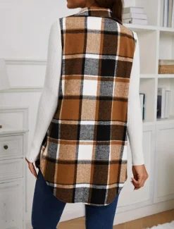 Outlet Women's Vest Dailywear Button Plaid Comfortable Stylish Regular Fit Outerwear Long Sleeve Fall Pink S Women Vest