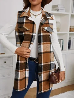 Outlet Women's Vest Dailywear Button Plaid Comfortable Stylish Regular Fit Outerwear Long Sleeve Fall Pink S Women Vest