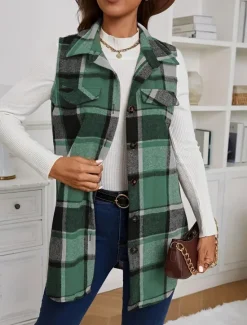 Outlet Women's Vest Dailywear Button Plaid Comfortable Stylish Regular Fit Outerwear Long Sleeve Fall Pink S Women Vest