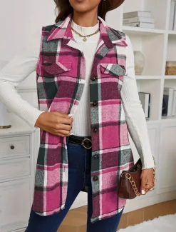 Outlet Women's Vest Dailywear Button Plaid Comfortable Stylish Regular Fit Outerwear Long Sleeve Fall Pink S Women Vest