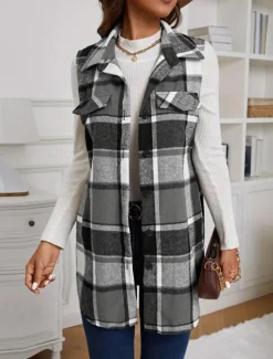 Outlet Women's Vest Dailywear Button Plaid Comfortable Stylish Regular Fit Outerwear Long Sleeve Fall Pink S Women Vest