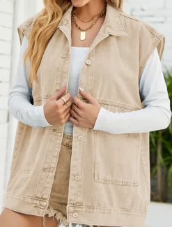 Online Women's Vest Outdoor Street Daily Wear Fall Winter Regular Coat Regular Fit Thermal Warm Breathable Stylish Casual Jacket Sleeveless Plain with Pockets Black Blue Khaki Women Vest