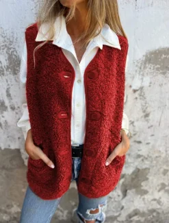 Sale Women's Vest Outdoor Street Daily Fall Winter Regular Coat Regular Fit Warm Breathable Comtemporary Stylish Jacket Sleeveless Solid Color with Pockets Black Red Coffee Women Vest