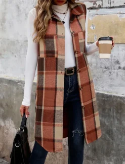 Women's Vest Outdoor Street Daily Wear Fall Winter Long Coat Regular Fit Thermal Warm Breathable Stylish Casual Jacket Sleeveless Stripes and Plaid with Pockets Women Vest