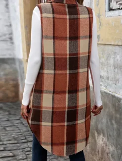 Women's Vest Outdoor Street Daily Wear Fall Winter Long Coat Regular Fit Thermal Warm Breathable Stylish Casual Jacket Sleeveless Stripes and Plaid with Pockets Women Vest