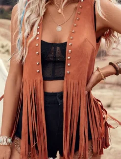 Sale Women's Vest Outdoor Street Daily Wear Summer Regular Coat Regular Fit Thermal Warm Breathable Stylish Casual Jacket Sleeveless Plain Tassel Fringe Black Pink Brown Women Vest