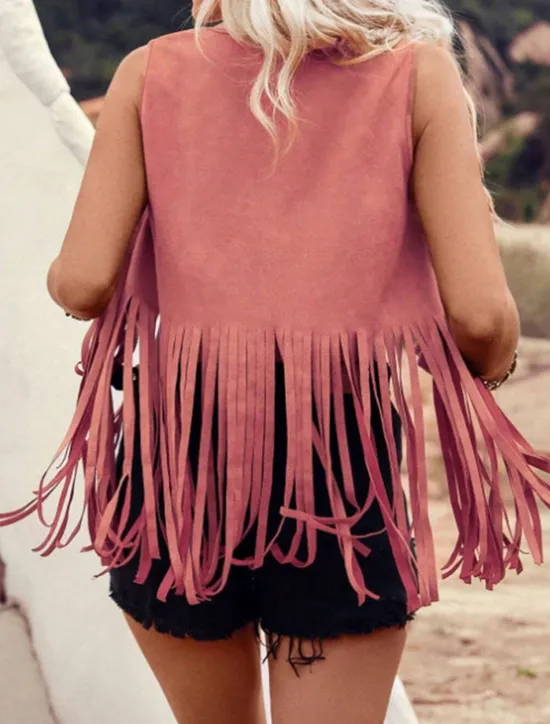 Sale Women's Vest Outdoor Street Daily Wear Summer Regular Coat Regular Fit Thermal Warm Breathable Stylish Casual Jacket Sleeveless Plain Tassel Fringe Black Pink Brown Women Vest