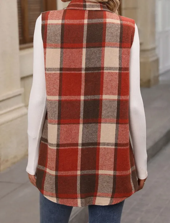 Women's Vest Outdoor Street Daily Wear Fall Winter Regular Coat Regular Fit Thermal Warm Breathable Stylish Casual Jacket Sleeveless Stripes and Plaid with Pockets Print Orange Green Khaki Women Vest