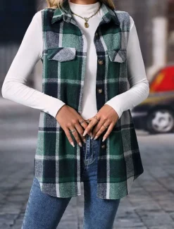 Women's Vest Outdoor Street Daily Wear Fall Winter Regular Coat Regular Fit Thermal Warm Breathable Stylish Casual Jacket Sleeveless Stripes and Plaid with Pockets Print Orange Green Khaki Women Vest