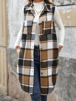 Hot Women's Vest Outdoor Street Daily Wear Fall Winter Long Coat Regular Fit Thermal Warm Breathable Stylish Casual Jacket Sleeveless Stripes and Plaid with Pockets Print Orange Green Khaki Women Vest