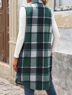 Hot Women's Vest Outdoor Street Daily Wear Fall Winter Long Coat Regular Fit Thermal Warm Breathable Stylish Casual Jacket Sleeveless Stripes and Plaid with Pockets Print Orange Green Khaki Women Vest