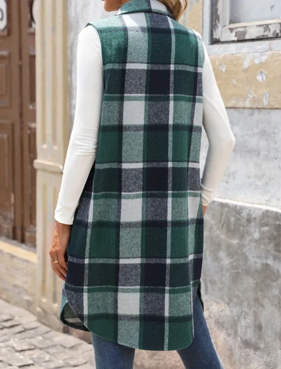 Hot Women's Vest Outdoor Street Daily Wear Fall Winter Long Coat Regular Fit Thermal Warm Breathable Stylish Casual Jacket Sleeveless Stripes and Plaid with Pockets Print Orange Green Khaki Women Vest