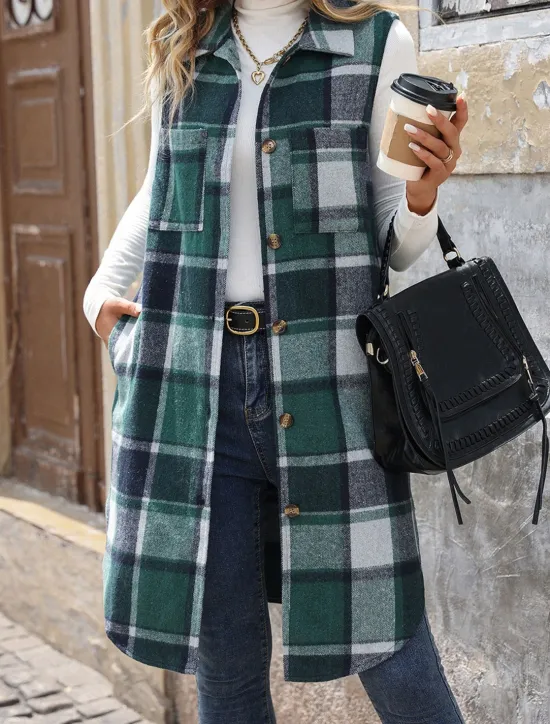 Hot Women's Vest Outdoor Street Daily Wear Fall Winter Long Coat Regular Fit Thermal Warm Breathable Stylish Casual Jacket Sleeveless Stripes and Plaid with Pockets Print Orange Green Khaki Women Vest