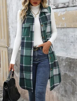 Hot Women's Vest Outdoor Street Daily Wear Fall Winter Long Coat Regular Fit Thermal Warm Breathable Stylish Casual Jacket Sleeveless Stripes and Plaid with Pockets Print Orange Green Khaki Women Vest