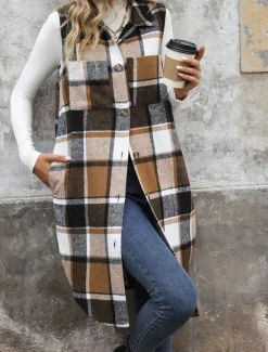 Hot Women's Vest Outdoor Street Daily Wear Fall Winter Long Coat Regular Fit Thermal Warm Breathable Stylish Casual Jacket Sleeveless Stripes and Plaid with Pockets Print Orange Green Khaki Women Vest