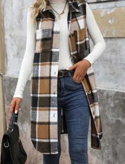 Hot Women's Vest Outdoor Street Daily Wear Fall Winter Long Coat Regular Fit Thermal Warm Breathable Stylish Casual Jacket Sleeveless Stripes and Plaid with Pockets Print Orange Green Khaki Women Vest