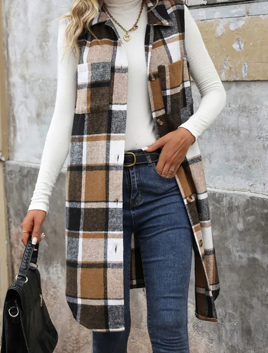 Hot Women's Vest Outdoor Street Daily Wear Fall Winter Long Coat Regular Fit Thermal Warm Breathable Stylish Casual Jacket Sleeveless Stripes and Plaid with Pockets Print Orange Green Khaki Women Vest