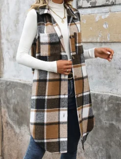 Hot Women's Vest Outdoor Street Daily Wear Fall Winter Long Coat Regular Fit Thermal Warm Breathable Stylish Casual Jacket Sleeveless Stripes and Plaid with Pockets Print Orange Green Khaki Women Vest