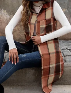 Hot Women's Vest Outdoor Street Daily Wear Fall Winter Long Coat Regular Fit Thermal Warm Breathable Stylish Casual Jacket Sleeveless Stripes and Plaid with Pockets Print Orange Green Khaki Women Vest