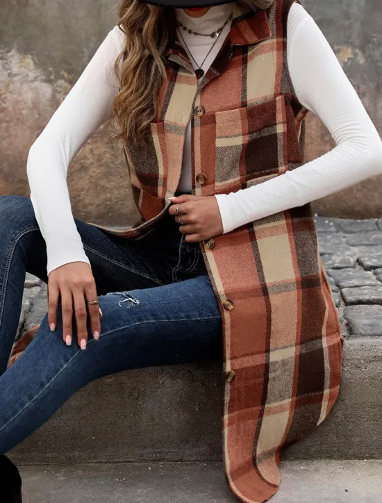 Hot Women's Vest Outdoor Street Daily Wear Fall Winter Long Coat Regular Fit Thermal Warm Breathable Stylish Casual Jacket Sleeveless Stripes and Plaid with Pockets Print Orange Green Khaki Women Vest