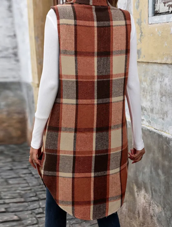 Hot Women's Vest Outdoor Street Daily Wear Fall Winter Long Coat Regular Fit Thermal Warm Breathable Stylish Casual Jacket Sleeveless Stripes and Plaid with Pockets Print Orange Green Khaki Women Vest