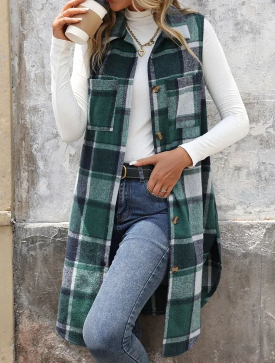 Hot Women's Vest Outdoor Street Daily Wear Fall Winter Long Coat Regular Fit Thermal Warm Breathable Stylish Casual Jacket Sleeveless Stripes and Plaid with Pockets Print Orange Green Khaki Women Vest