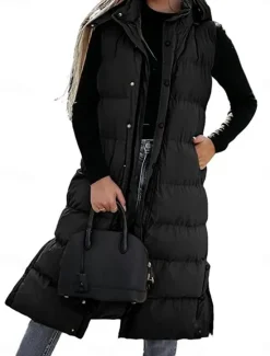 Best Women's Vest Warm Breathable Buttons Pocket Fashion Casual Street Style Plain Outdoor Vacation Street Daily Wear Single Breasted Long Hoodie Regular Fit Sleeveless Outerwear Black White Sky Blue Fall Women Puffers & Parka