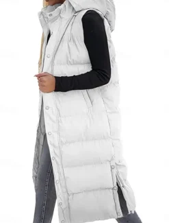 Best Women's Vest Warm Breathable Buttons Pocket Fashion Casual Street Style Plain Outdoor Vacation Street Daily Wear Single Breasted Long Hoodie Regular Fit Sleeveless Outerwear Black White Sky Blue Fall Women Puffers & Parka
