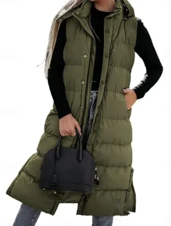 Best Women's Vest Warm Breathable Buttons Pocket Fashion Casual Street Style Plain Outdoor Vacation Street Daily Wear Single Breasted Long Hoodie Regular Fit Sleeveless Outerwear Black White Sky Blue Fall Women Puffers & Parka