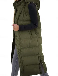 Best Women's Vest Warm Breathable Buttons Pocket Fashion Casual Street Style Plain Outdoor Vacation Street Daily Wear Single Breasted Long Hoodie Regular Fit Sleeveless Outerwear Black White Sky Blue Fall Women Puffers & Parka