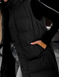 Best Women's Vest Warm Breathable Buttons Pocket Fashion Casual Street Style Plain Outdoor Vacation Street Daily Wear Single Breasted Long Hoodie Regular Fit Sleeveless Outerwear Black White Sky Blue Fall Women Puffers & Parka