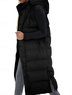 Best Women's Vest Warm Breathable Buttons Pocket Fashion Casual Street Style Plain Outdoor Vacation Street Daily Wear Single Breasted Long Hoodie Regular Fit Sleeveless Outerwear Black White Sky Blue Fall Women Puffers & Parka