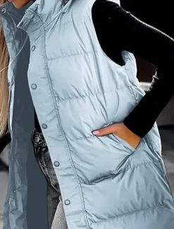 Best Women's Vest Warm Breathable Buttons Pocket Fashion Casual Street Style Plain Outdoor Vacation Street Daily Wear Single Breasted Long Hoodie Regular Fit Sleeveless Outerwear Black White Sky Blue Fall Women Puffers & Parka